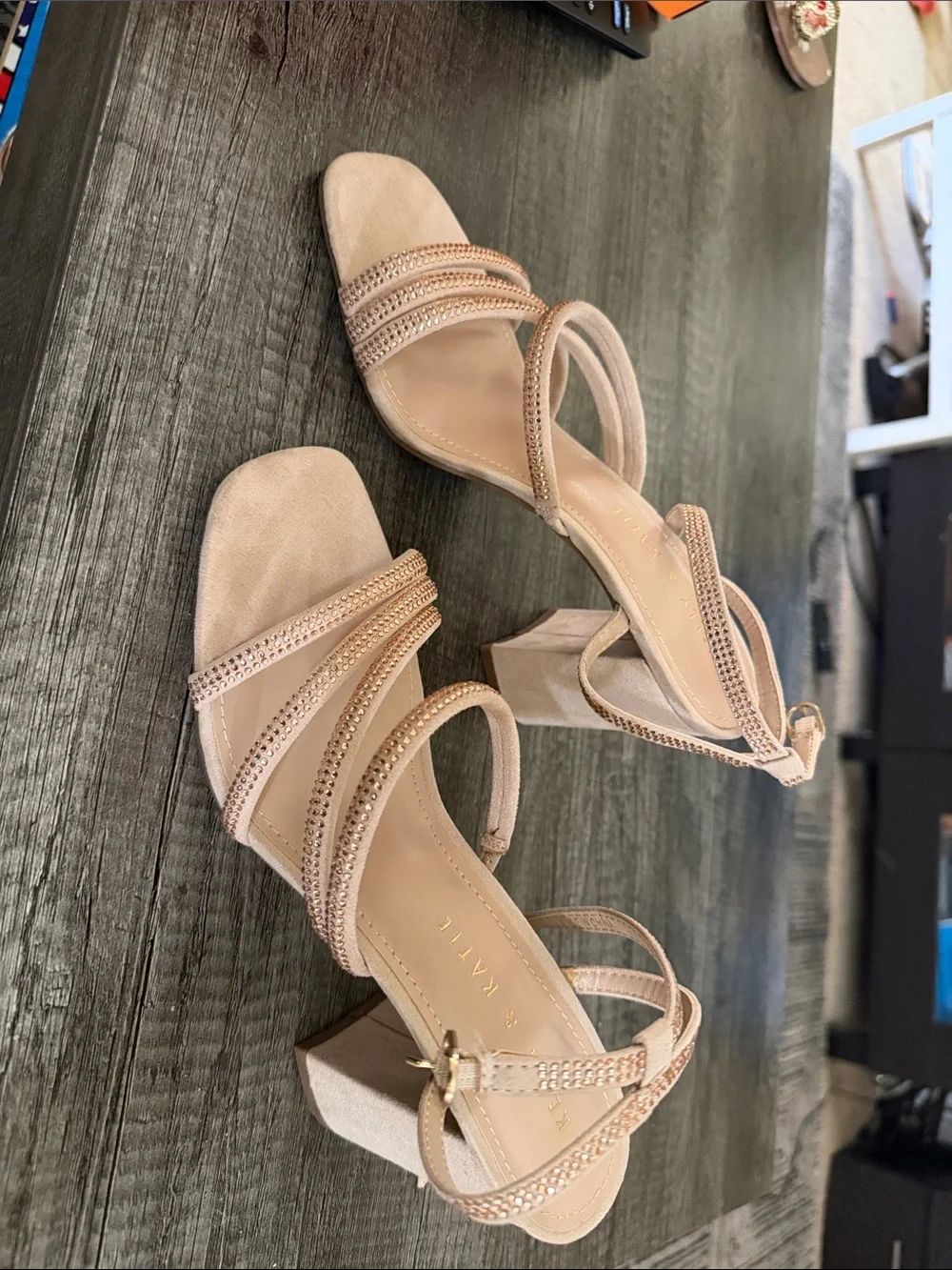 Kelly & Katie Blush Strappy Block Heel Sandals with Rhinestone Trim